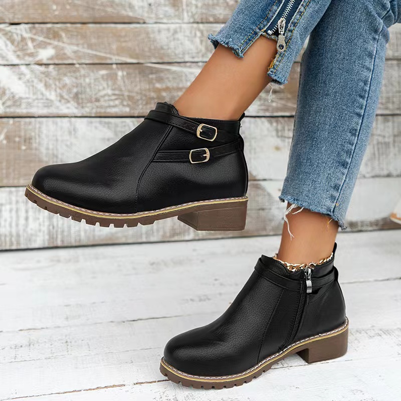Autumn And Winter Martens Boots, Low Heel, Belt Buckle Ankle Boots, Thick Heel Plus Velvet Women's Single Boots, Naked Boots