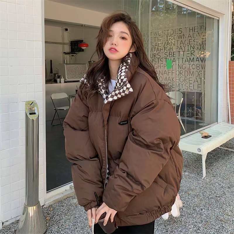 Thick Bread Coat, Checkerboard, Standing Collar Coat, Winter, Loose,bf Wind Padded Coat
