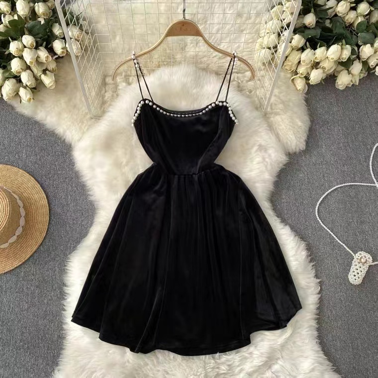 Velvet Dress, Pearl, Spaghetti Strap Party Dress, Temperament Shaggy Velvet Dress,little Black Dress