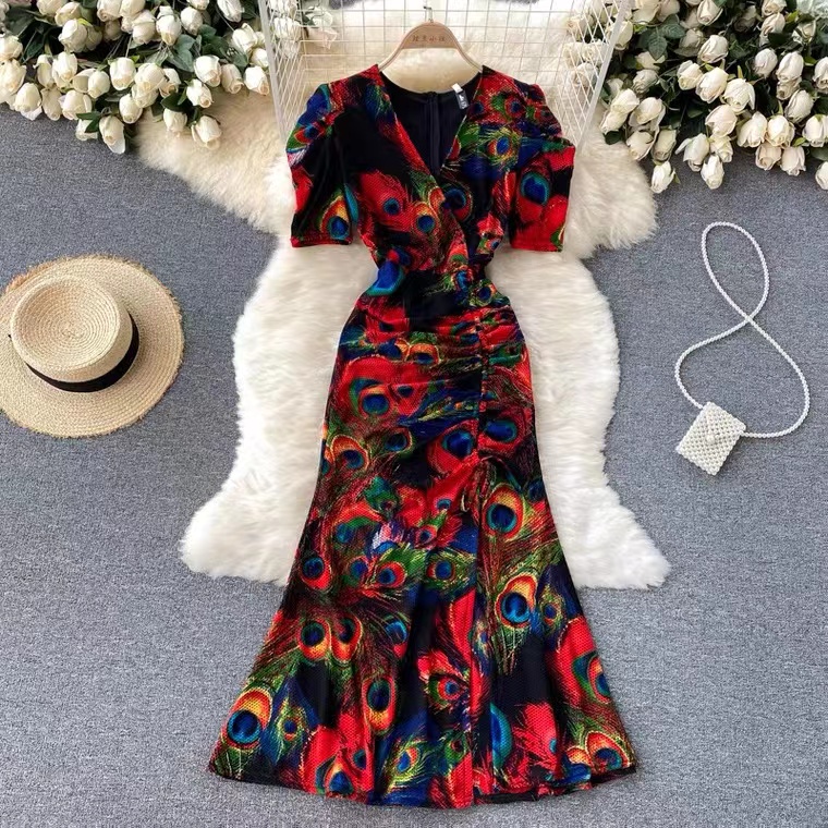 Ethnic Dress, Short-sleeve Dress, Waisted, Slimming, V-neck Printed Dress,split Mermaid Dress