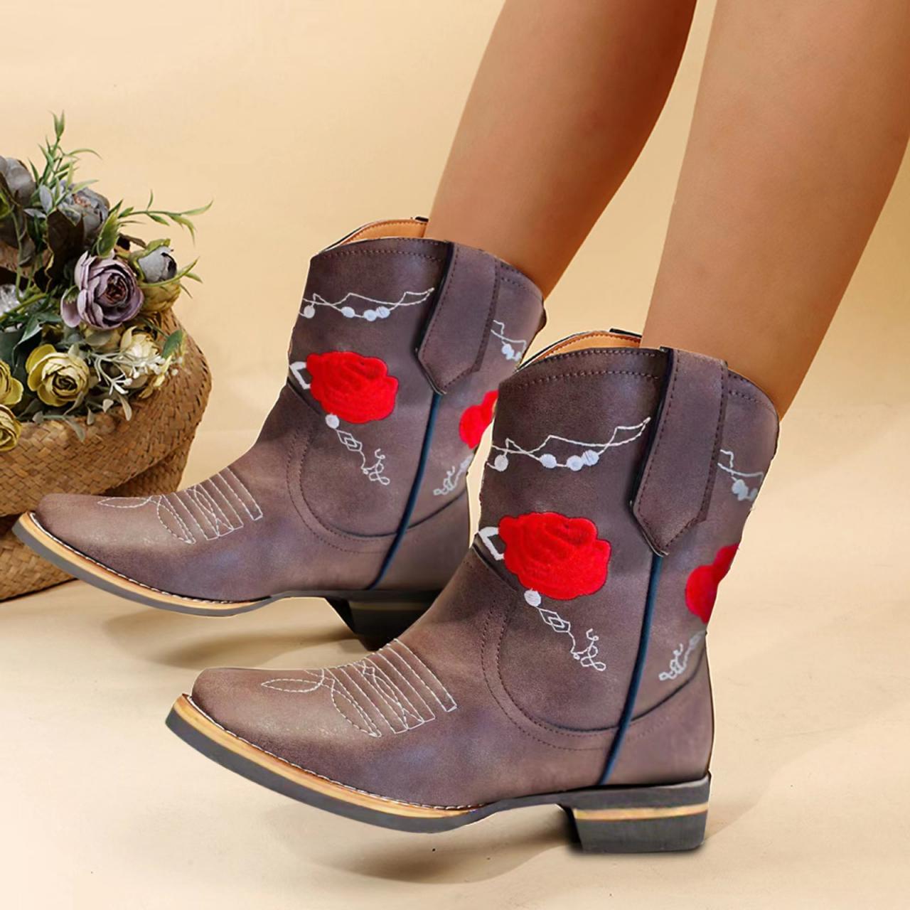 Square Head, Embroidered Flowers, Women's Leather Boots
