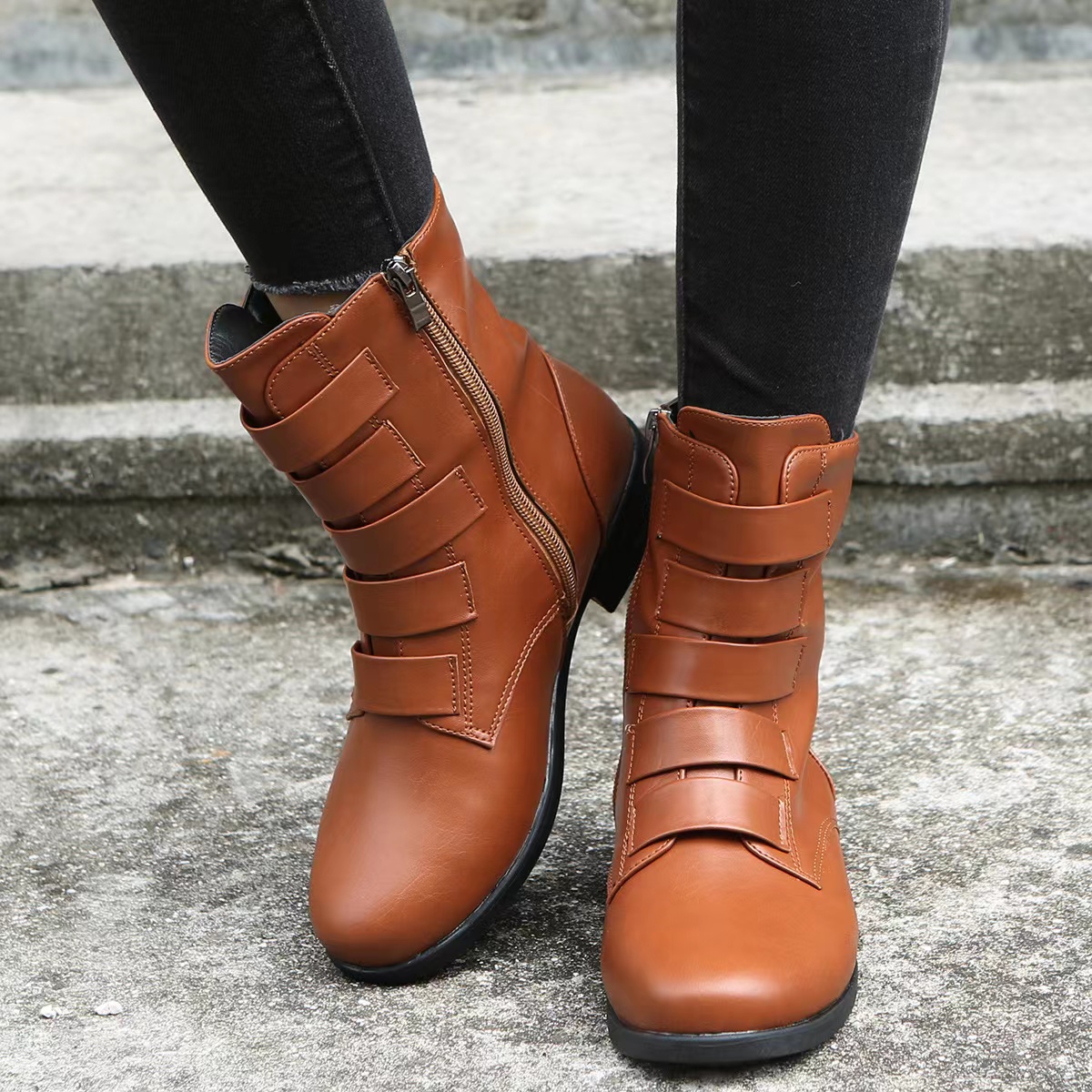 Autumn And Winter, Mid - Leg Boots, Round - Head Flat Women's Leather Boots