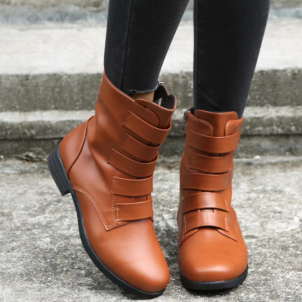 Mid-leg Boots, Round Toe Flat Leather Boots,women's Boots