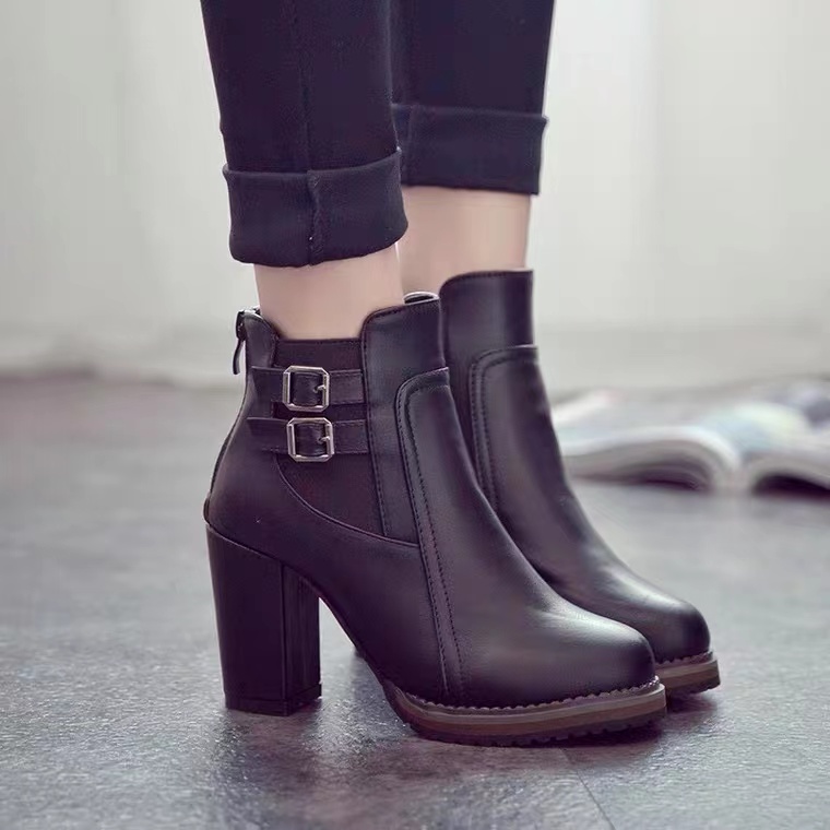Autumn/winter, , British, Vintage, Chunky Heel, Belt Buckle Ankle Boot, High Heel Elastic Ankle Boot For Women