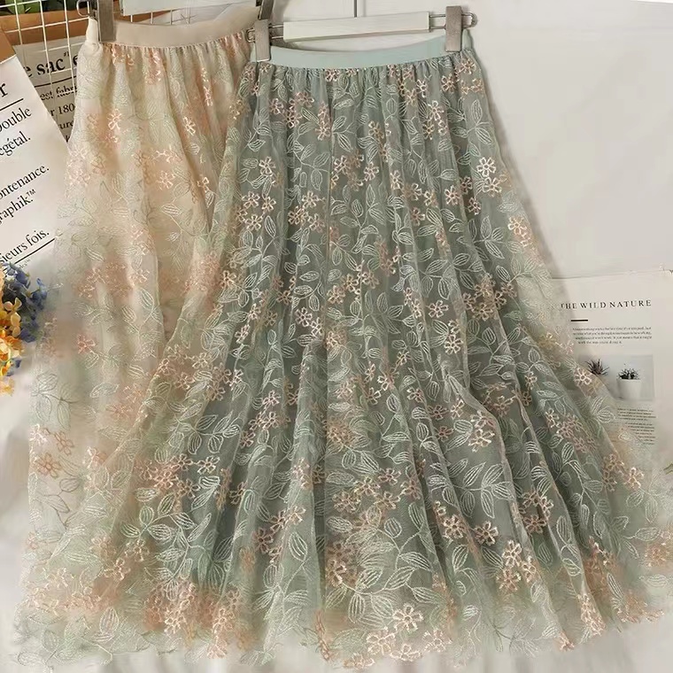 Tulle Embroidery Elastic Waist Slimming Half Skirt, Temperament, High Waist,a Line Skirt
