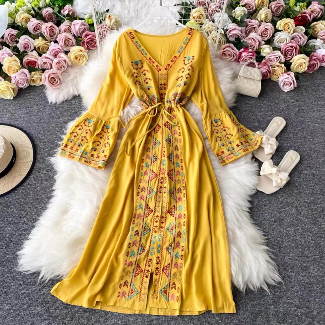 Ethnic Style, Embroidered Holiday Skirt Bohemian Beach Long Dress, V-neck Slit Waist Loose Dress