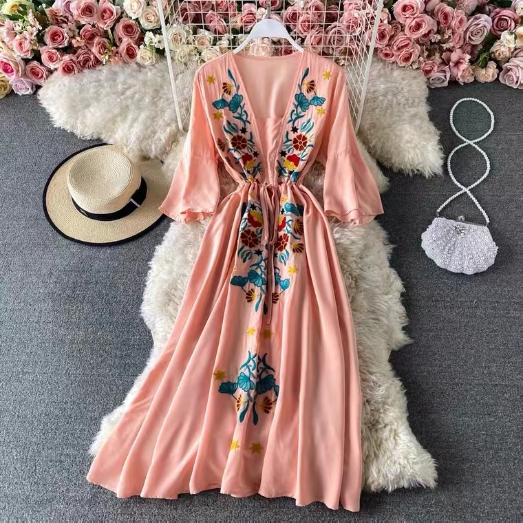 Embroidery, Ethnic Style, Flared Sleeve V-neck Dresses, Beach Dress Maxi Dress
