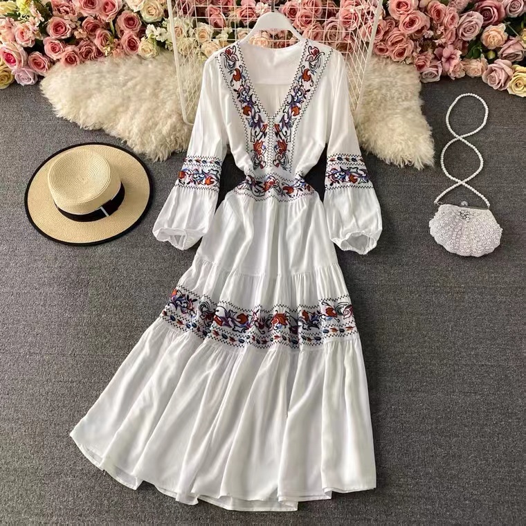 Embroidery, Fairy Holiday Clothes, Long Sleeve Printed Dress