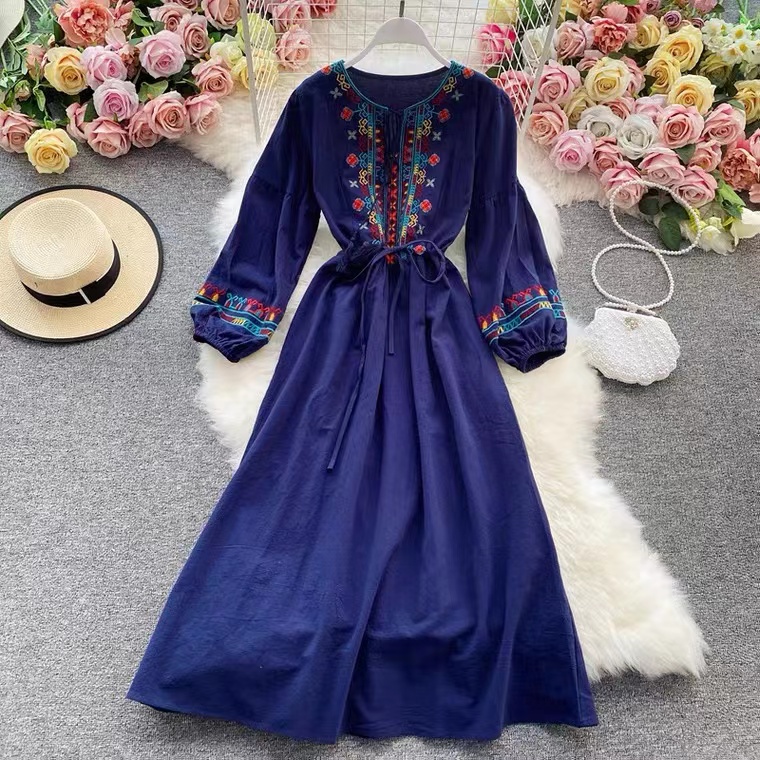 Seaside Holiday Dress, Bohemian Beach Dress, Fairy, Ethnic Style, Embroidered Lantern Sleeve Style Long Dress