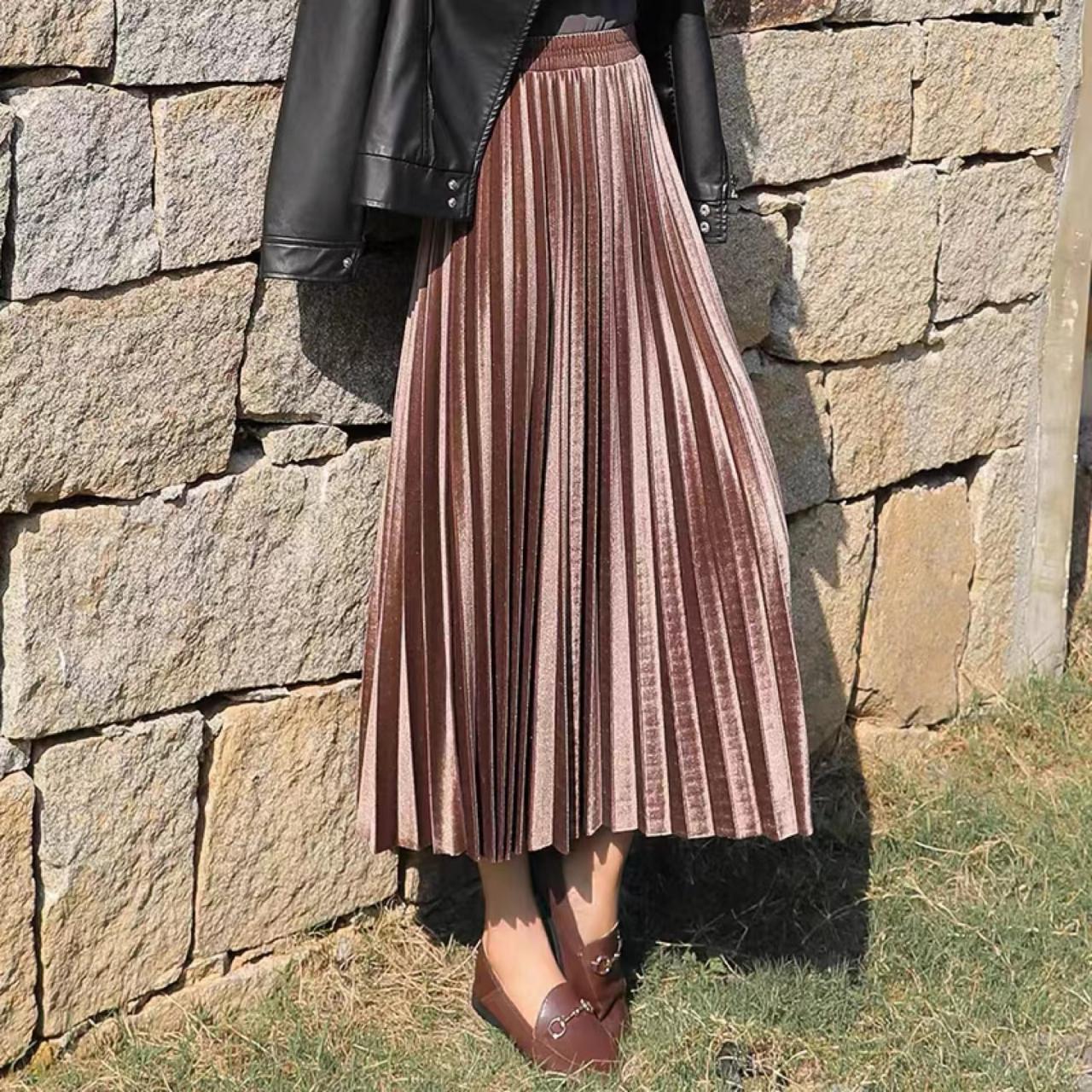 Pleated Skirt, Half Skirt, Mid-length Skirt,, Pleated A-line Long Skirt Student Mid-skirt