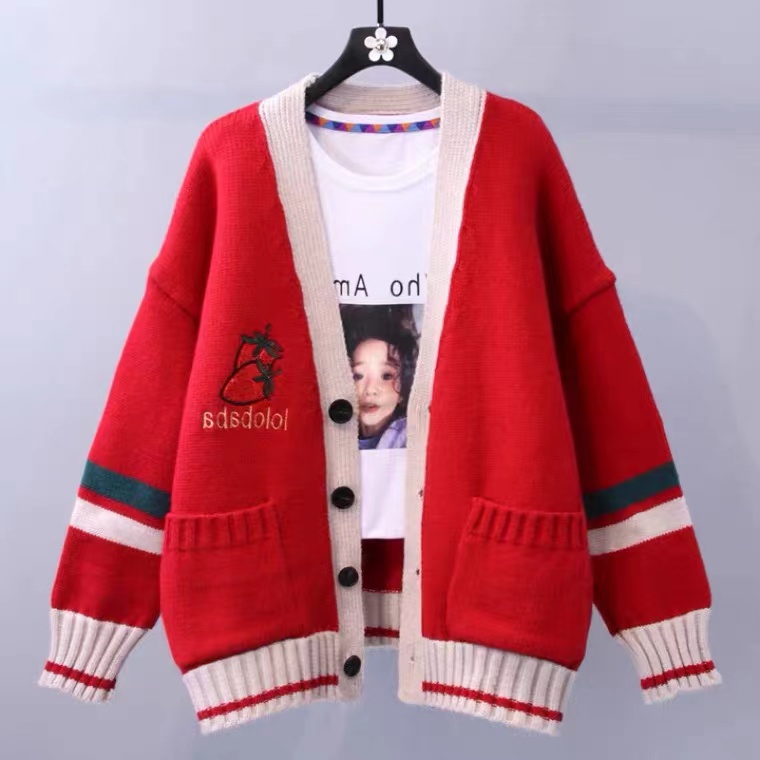 Red Sweater, Loose, Embroidered, Sequined Strawberry, Knitted Cardigan Coat