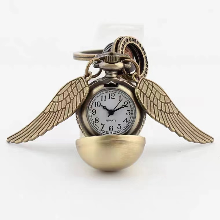 Harry Potter, Snitch Pocket Watch, Leather Keychain, Glossy, Vintage, Large Wing Fly Ball Trumpet Linked Watch