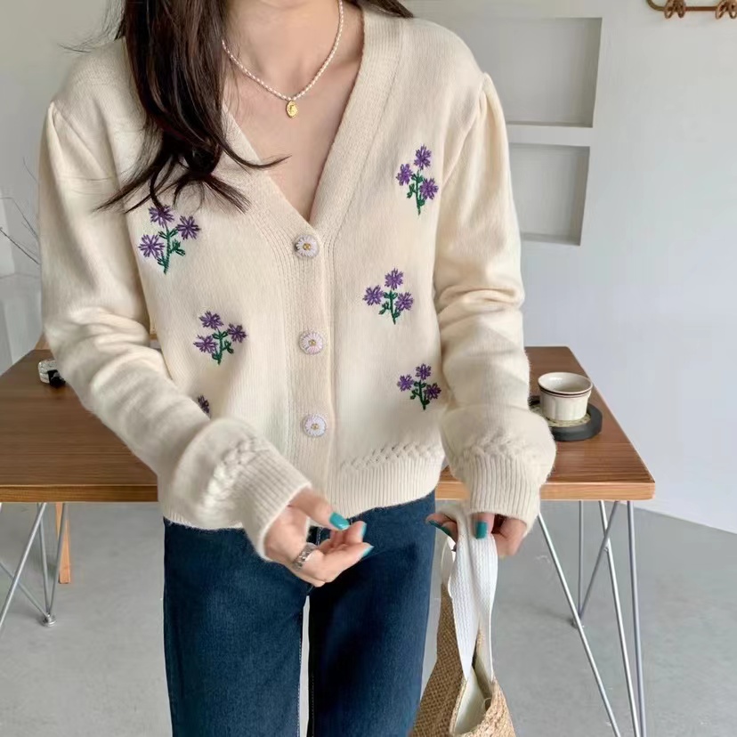 Embroidered Flowers Sweater, Loose Chic Cardigan