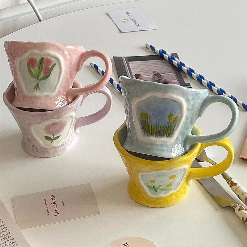 Flower Ceramic Coffee Mug Kitchen Breakfast Drinking Milk Tea Cup Home Decorative Vintage Heat-resistant Mug Cup