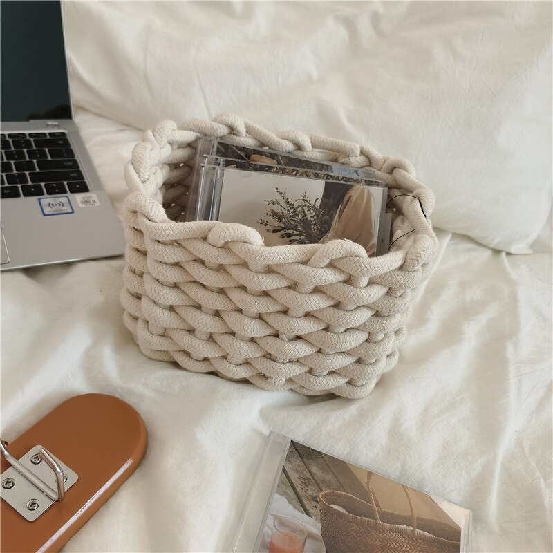 Cotton Rope Woven Small Storage Basket White Kitchen Folding Picnic Baskets