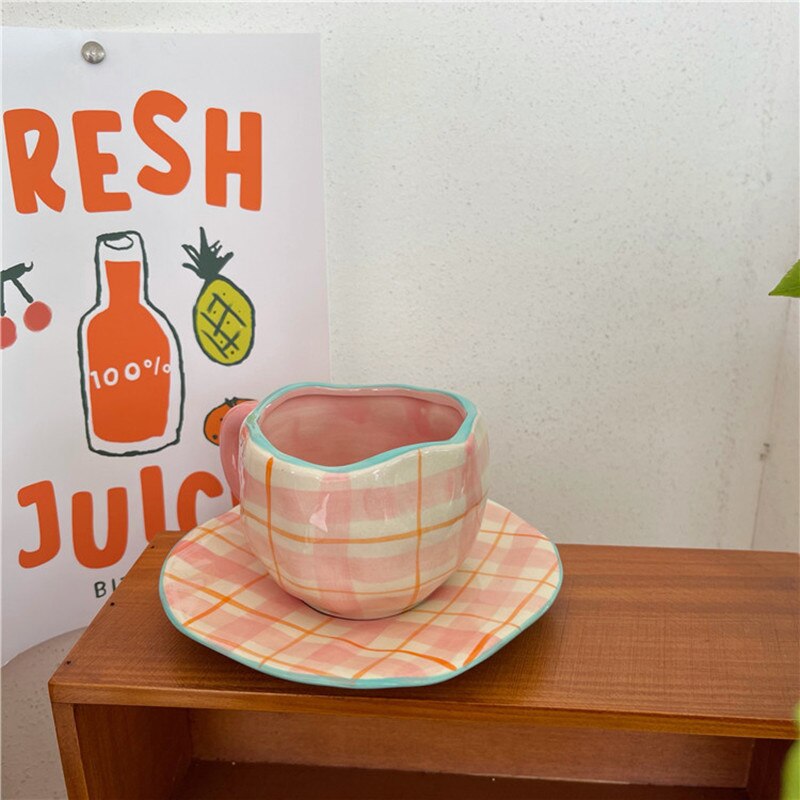 Pink Plaid Ceramic Coffee Cup Set Irregular Decorative Home Breakfast Milk Tea Cup Kitchen Reusable Drinking Cup