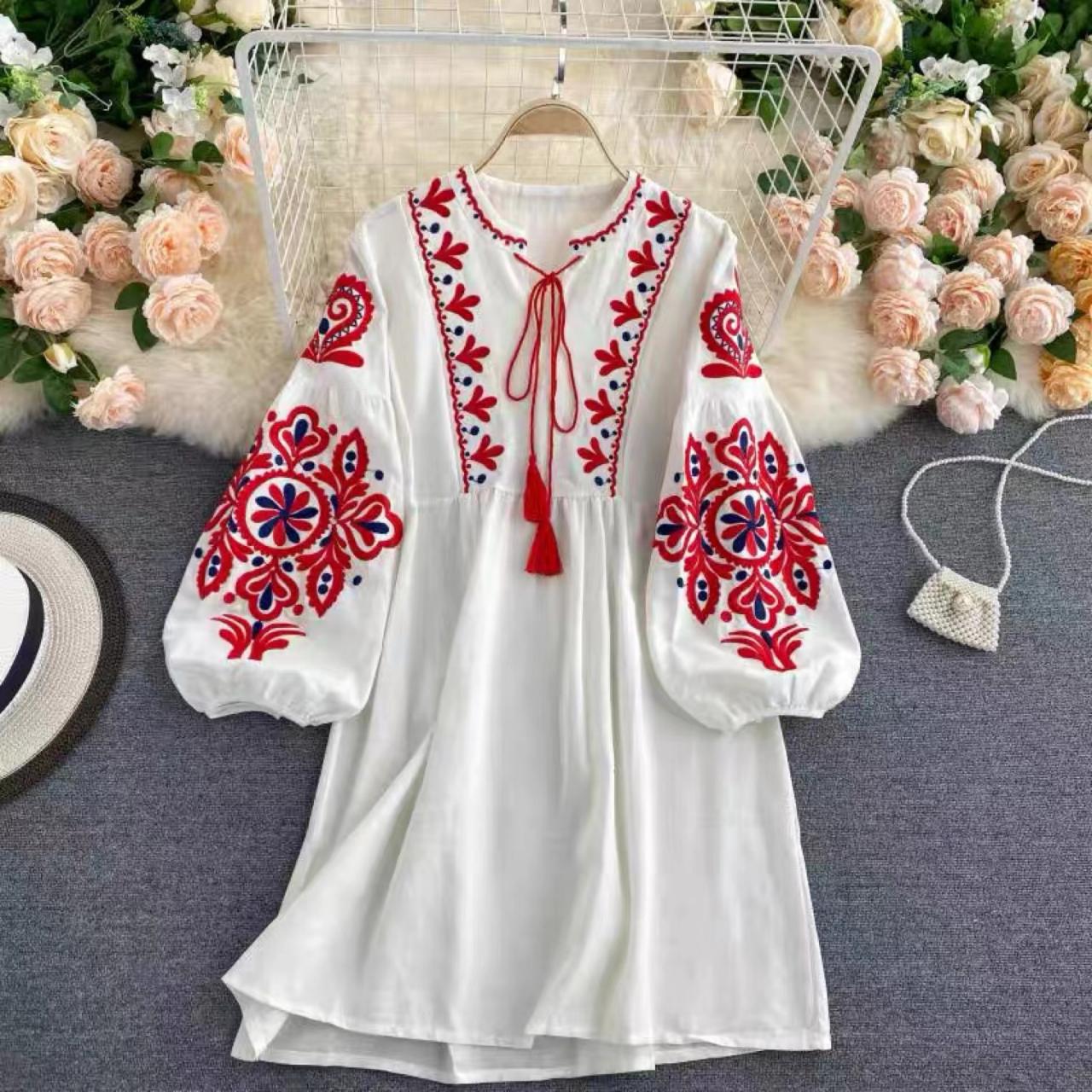 Bohemian, Holiday Style Dress, Retro, Ethnic Style, Heavy Embroidery, Lantern Sleeve Dress