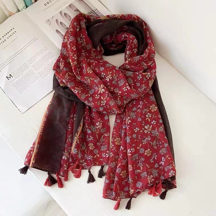 Shawl, Cotton And Hemp Scarf, Bohemian, Vintage, Red Floral Travel Sunscreen Shawl