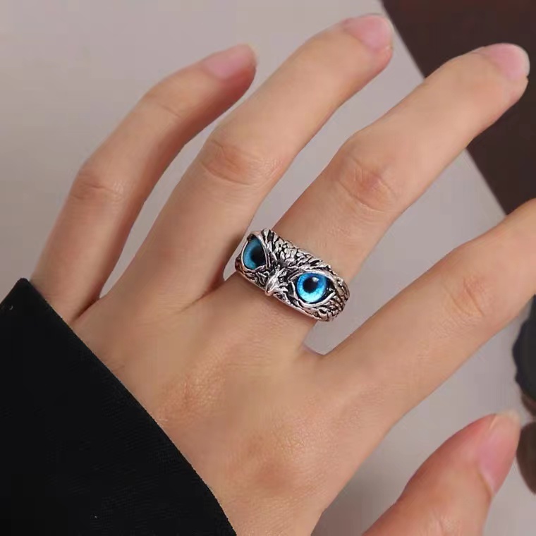Retro, Blue Eyed Owl, Open Ring, Creative, Adjustable Joint Ring, Female