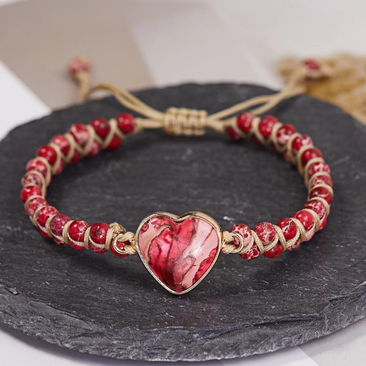 Hand woven, Peach Heart Emperor Stone bracelet, seven gangue, winding bracelet, heart-shaped stone hand string