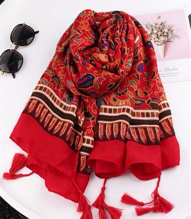 National Style, Red, Cotton And Hemp Shawl, Oversized Long Sunscreen Scarf, Travel Photo Scarf