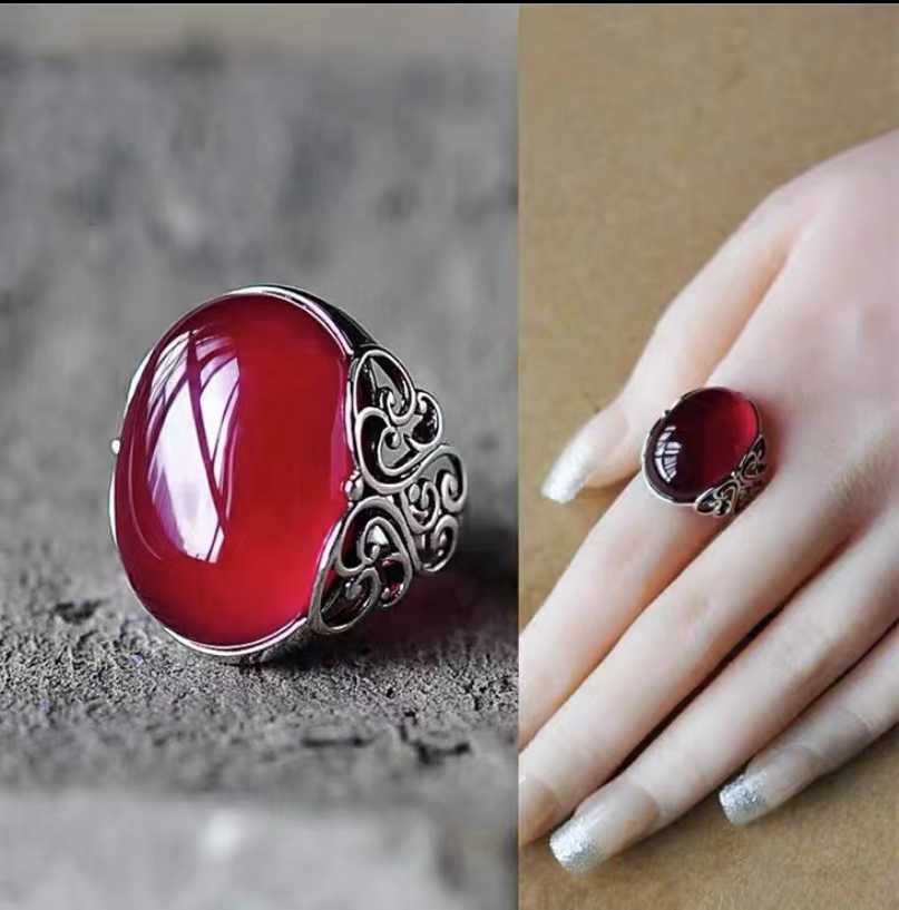 925 Sterling Silver, red agate, vintage, hollowed out pattern chalcedony, exaggerated index finger ring, adjustable ring, personality fashion ring