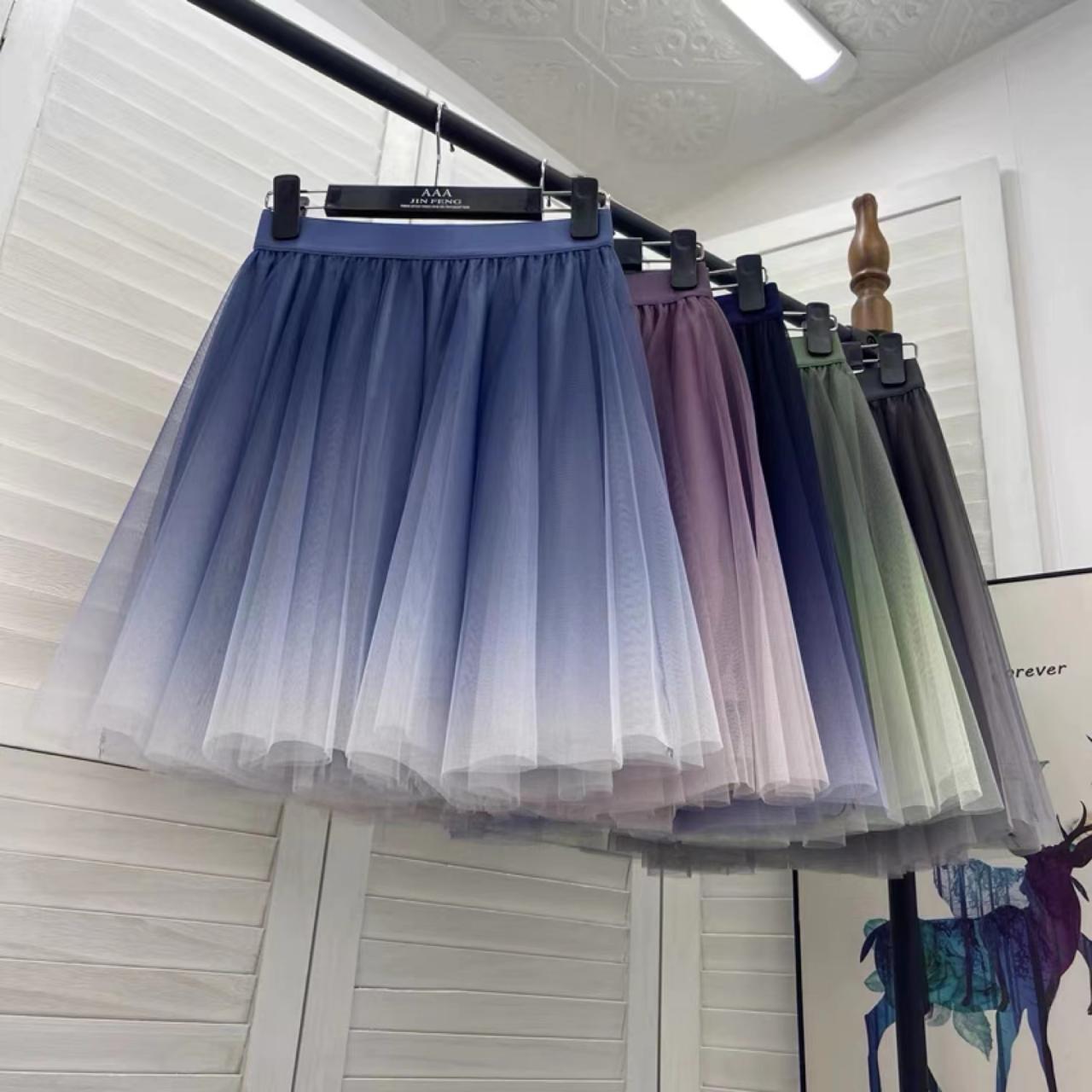 Gradient color gauze short skirt, high waist, A line skirt, matching, shaggy bottom half skirt