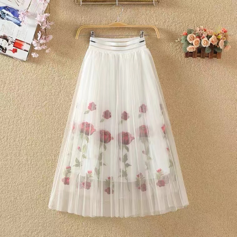 High Waist, Matching Fairy Skirt, Embroidered Floral Pleated Gauze Skirt, Mid-length Skirt