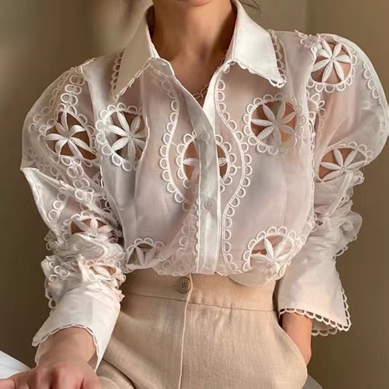 Spring, Elegant, Lapel, Hollowed Out, Mesh Pattern, Single Breasted Loose Puffed Sleeve Shirt