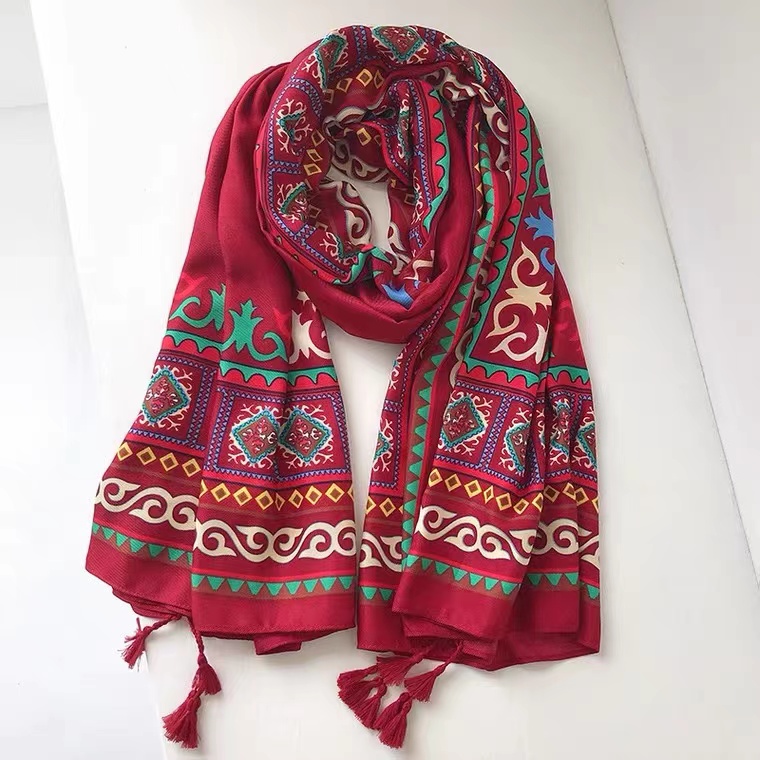 Ethnic Style, Red, Totem Cotton And Hemp Scarf, Travel Holiday Sunscreen Beach Towel, Gauze Towel