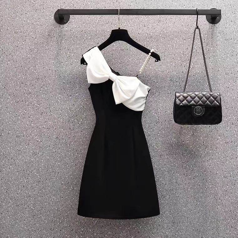 Pearl Spaghetti Strap Dress, One Shoulder, Slim Dress