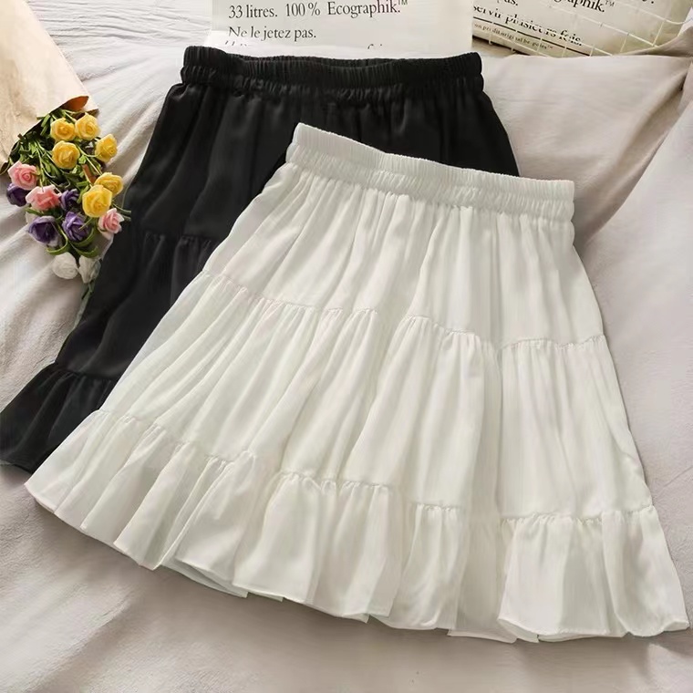 Sweet, girly, elastic waist slim pleated skirt, solid color A-line skirt