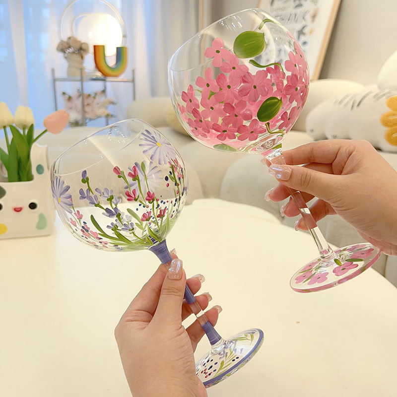 Ins Hand-painted Flower Wine Glass Cup