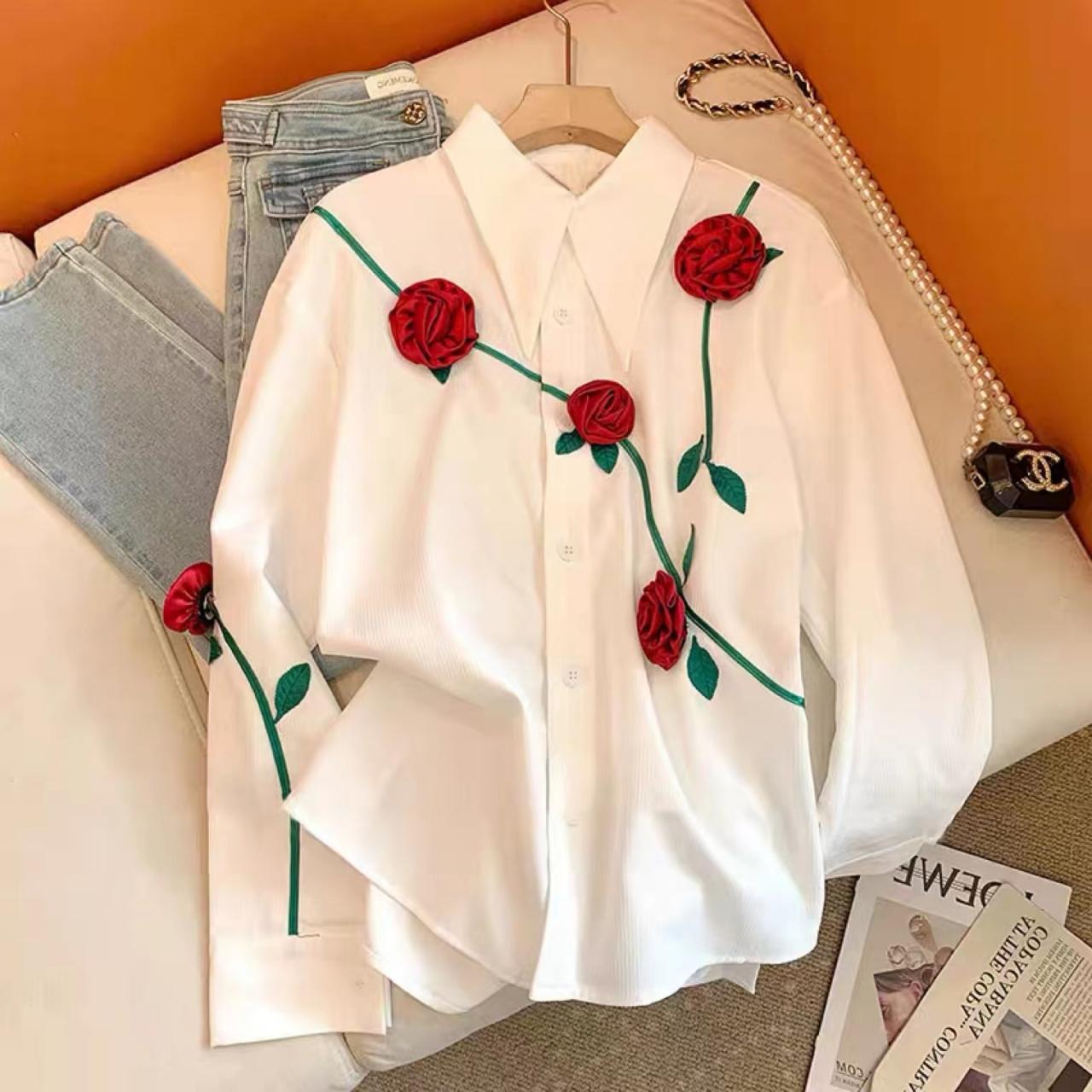 Rose White Shirt, Chic Blouse, Unique, Loose Chic Top