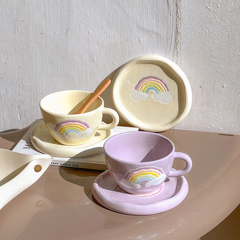 Cute Ceramic Mug For Coffee With Tray Saucer Hand Painted Rainbow Pattern Korean Style Cup