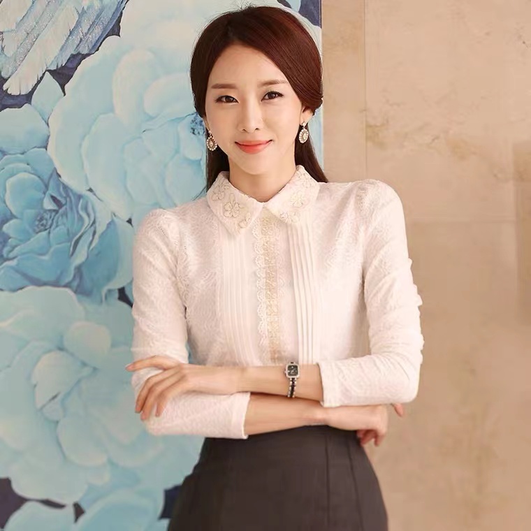 High neck long sleeve shirt, lace temperament top, chic top