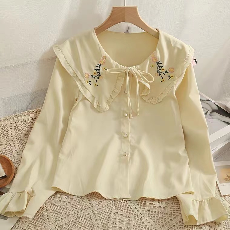 Vintage, embroidered, wooden ear trim, doll collar, bow lace-up top, summer wear, loose single breasted small shirt