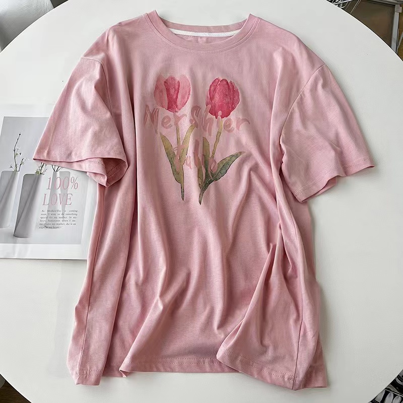 Vintage, Tulip Print Short Sleeve T-shirt, Loose, Crewneck Top, Pullover Pure Cotton T