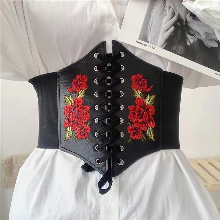 Rose, Embroidered French, Vintage Belt, Women's Decorative Match, Fashion, Elastic Elastic Wide Waist Sealing Waist