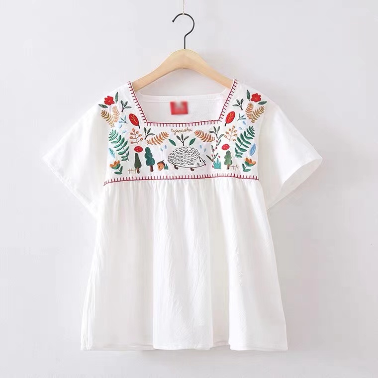 , Illustrated Wind, Hedgehog, Forest, Small Tree, Embroidered Doll Shirt, Embroidered Square Collar Cotton White Shirt