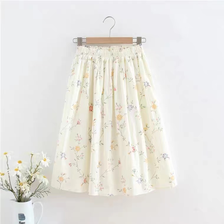 Elastic Waist Skirt, Mid-style Umbrella Skirt, Preppy Skirt, Apricot Small Floral Skirt