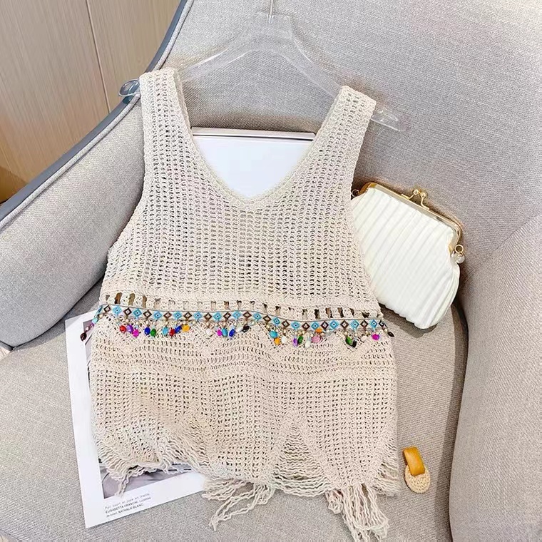 Vintage, Fringed Edge Fashion Knitted Spaghetti Strap Top, Summer, , Heavy Industry Diamond-studded Sleeveless Top