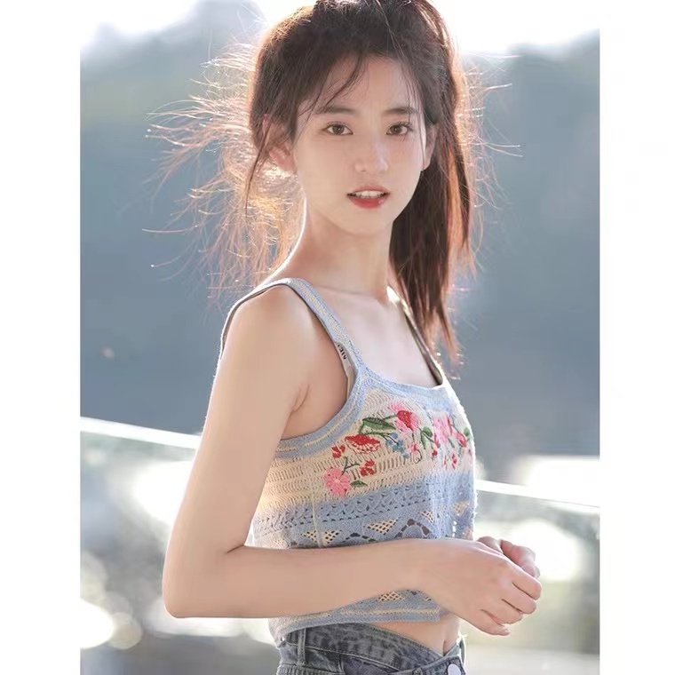 Sweet And Spicy Wind, Hollow Out Spaghetti Strap Top, Flower Embroidery Short Style Vest Top