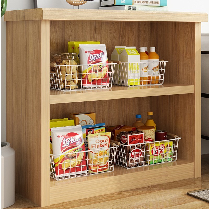 2pcs Metal Iron Wire Basket Wood Handle Shelf Storage Box Pantry Organizer Kitchen Cabinet Spice Holder Snacks Container