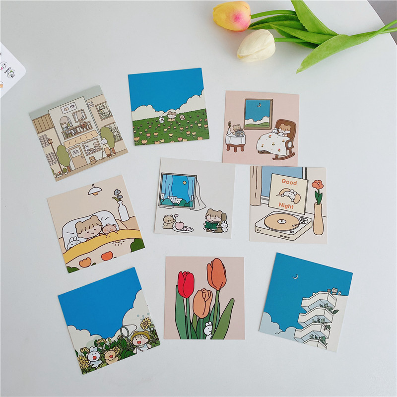 9 Sheets Kawaii Girl Series Cards Cartoon Double-sided Card Wall Bedroom Decoration