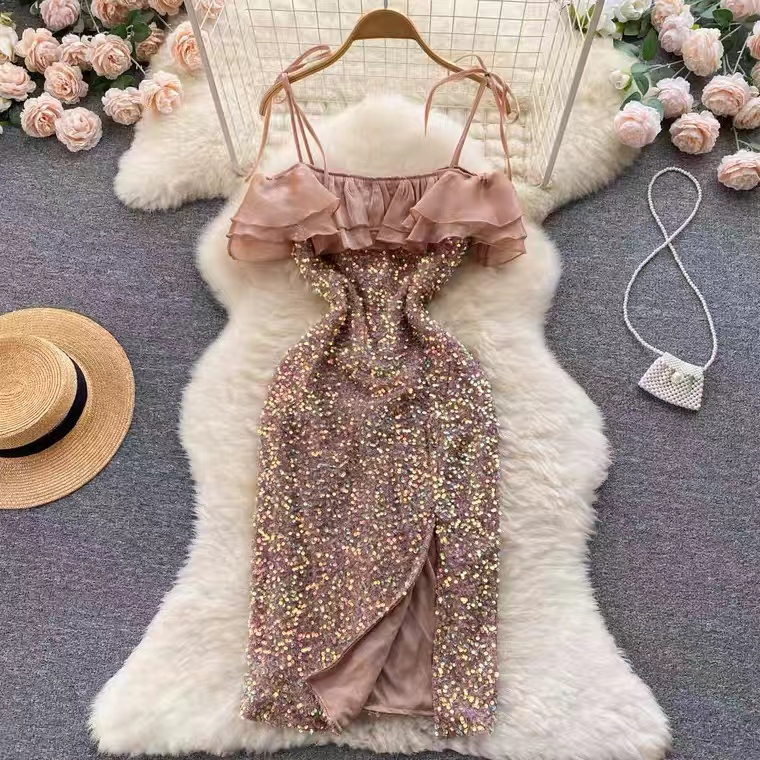 Shiny Evening Dress, Beautiful Back, Off-the-shoulder Halter Dress, Fashion Sequin Super Fairy Waist Slit A-line Dress