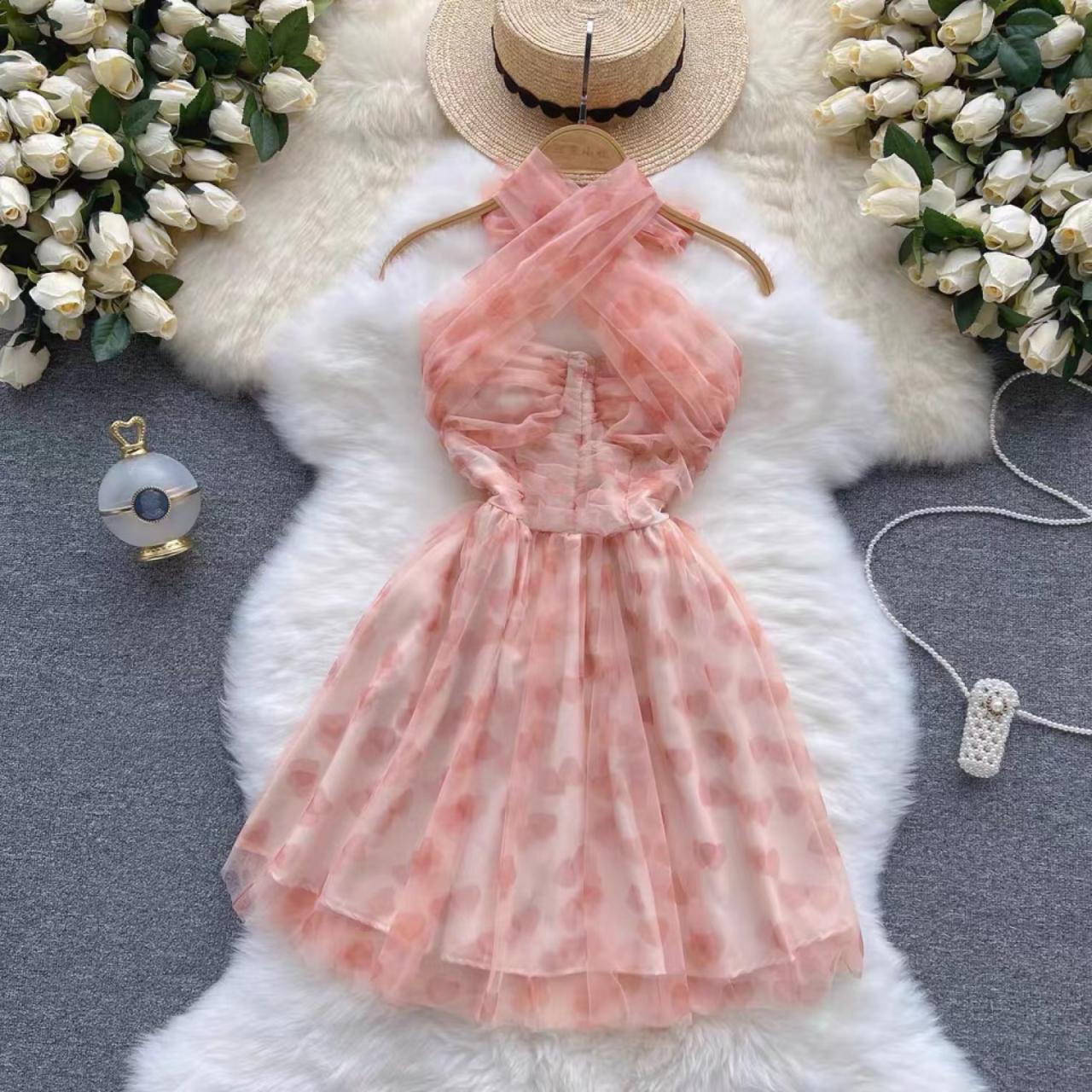 Gentle Pink Dress, Gauze Fairy Dress, Sweet Temperament Breast A-line Dress