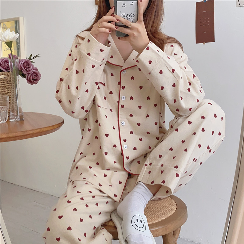 Heart Print Home Suit Loose Cotton Casual Sleepwear Korean Pajamas Set 