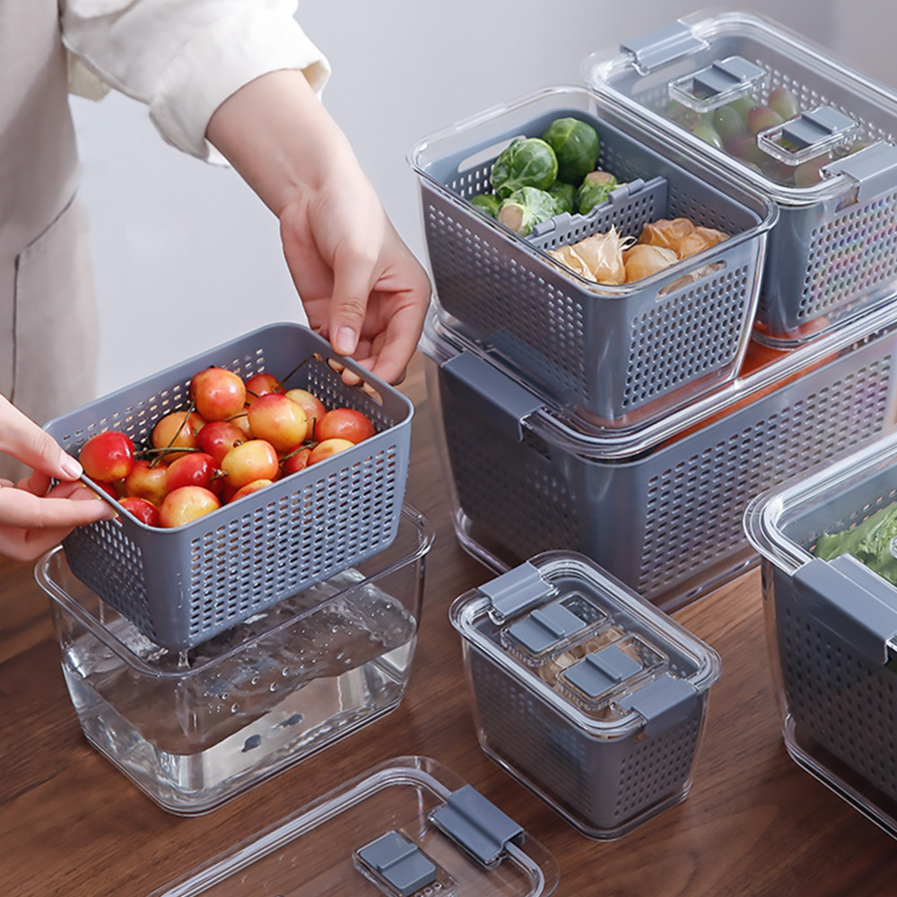 Fresh Produce Vegetable Fruit Storage Containers For Refrigerator Fridge Organizer Bins Draining Crisper With Strainers