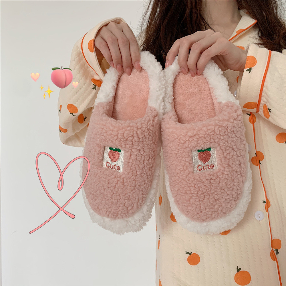 Cute Pink Peach Pattern House Girls Fur Slippers Winter Keep Warm Plush Bedroom Ladies Cotton Shoes